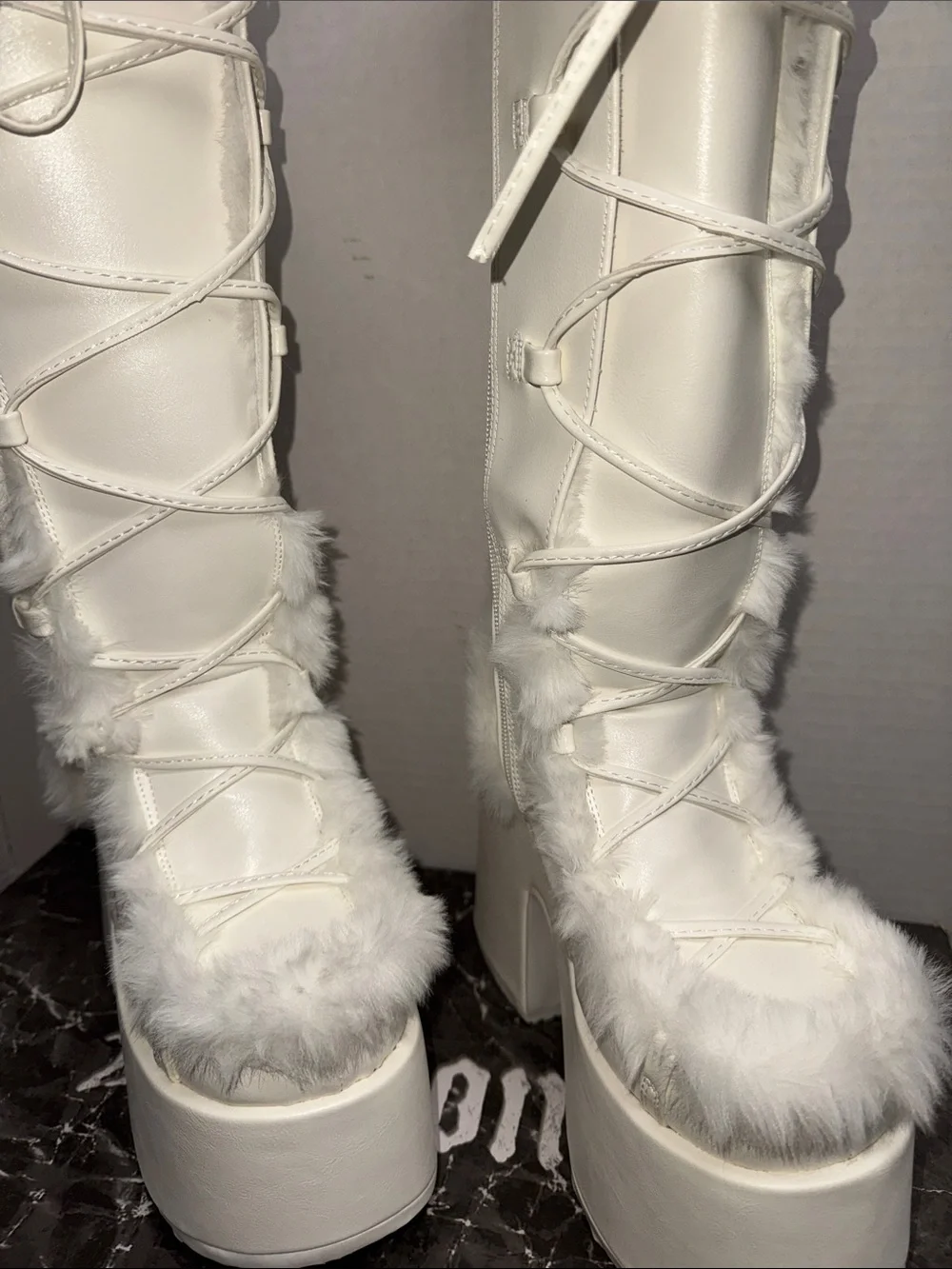 Demonia White Faux-Fur Lace-Up Platform Knee-High Boots with box